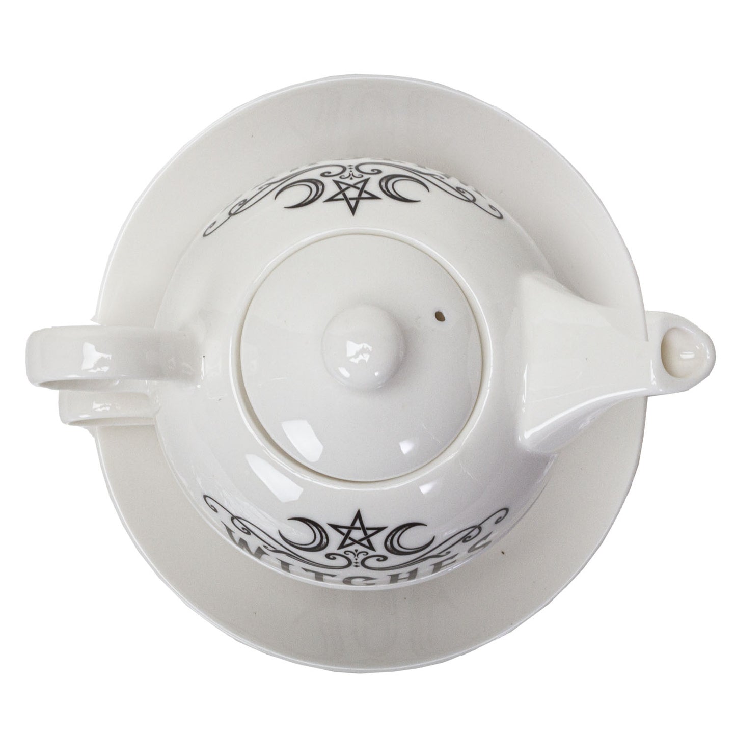 White ceramic teapot with black decorative elements on a white background
