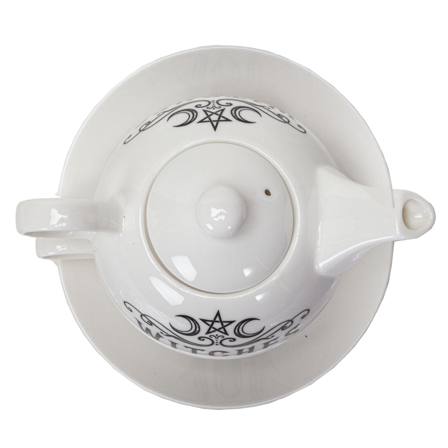 White ceramic teapot with black decorative elements on a white background