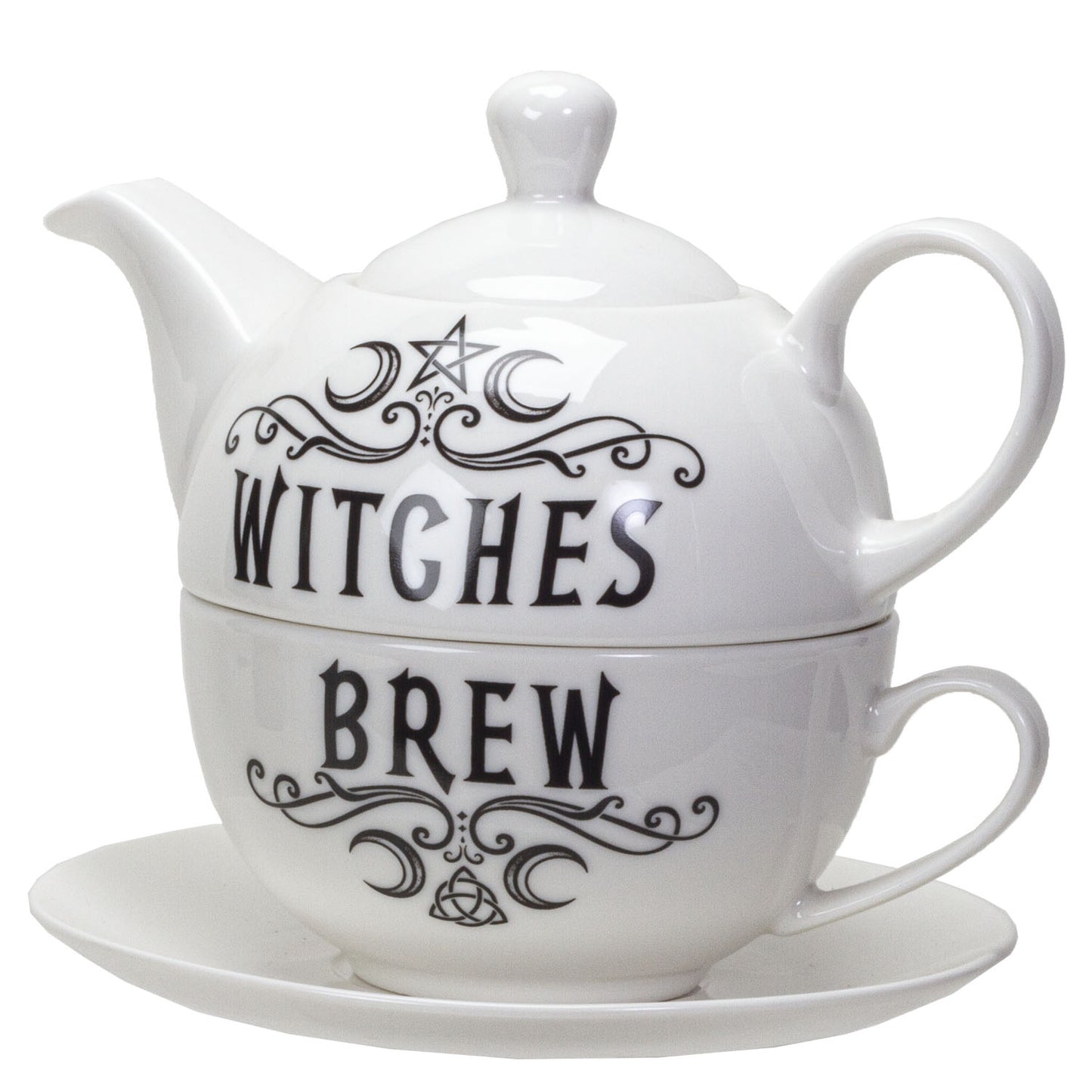 Teapot and cup set with 'Witches Brew' text on a white background