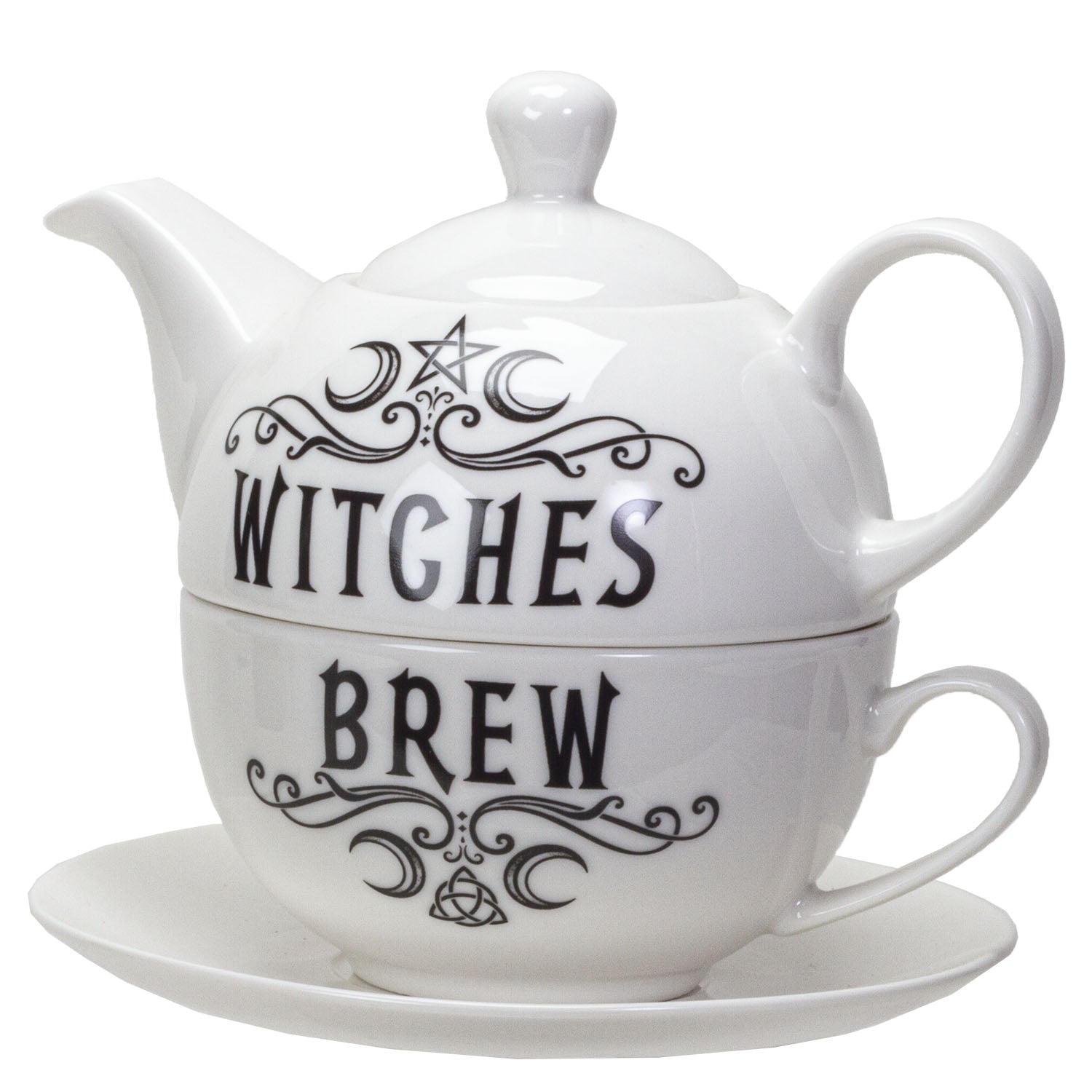 Teapot and cup set with 'Witches Brew' text on a white background