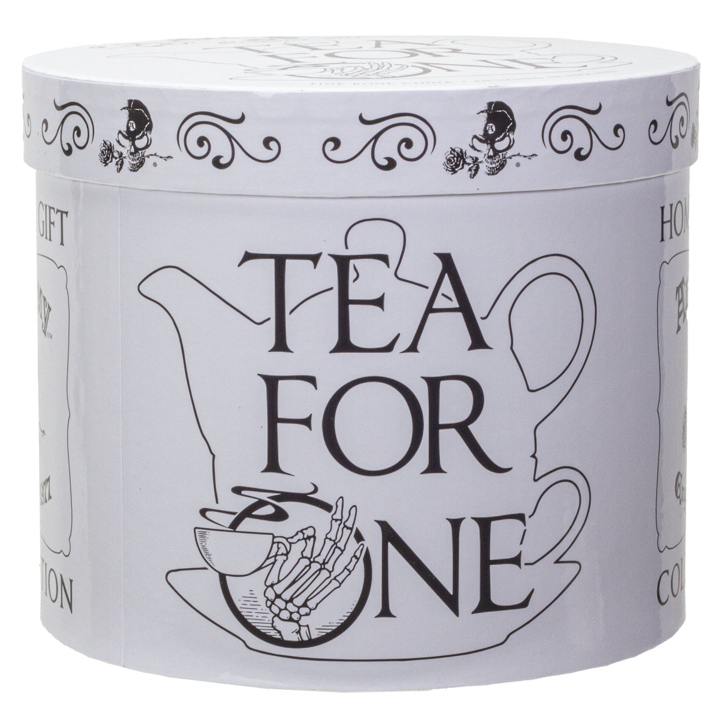 Tea canister with 'Tea for One' text and design on a white background