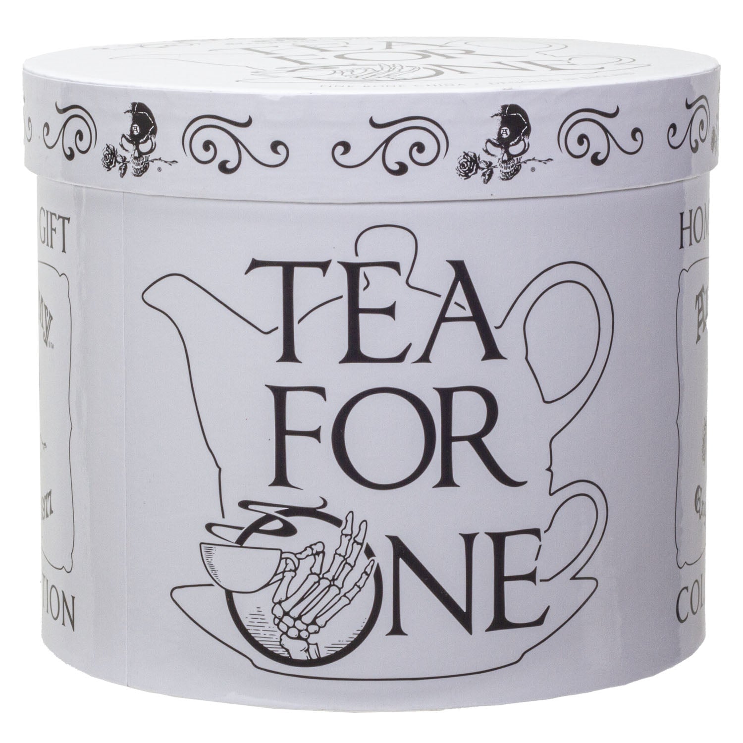 Tea canister with 'Tea for One' text and design on a white background