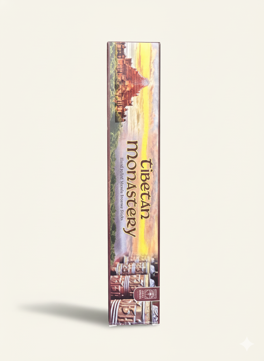 Tibetan Monastery incense stick packaging on a light beige background