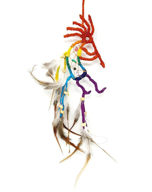 Rainbow Kokopelli Dream Catcher with Feathers – 9"