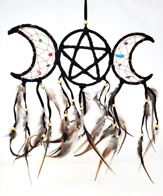 Triple Moon Pentagram Dream Catcher – Black (3.5" x 9")