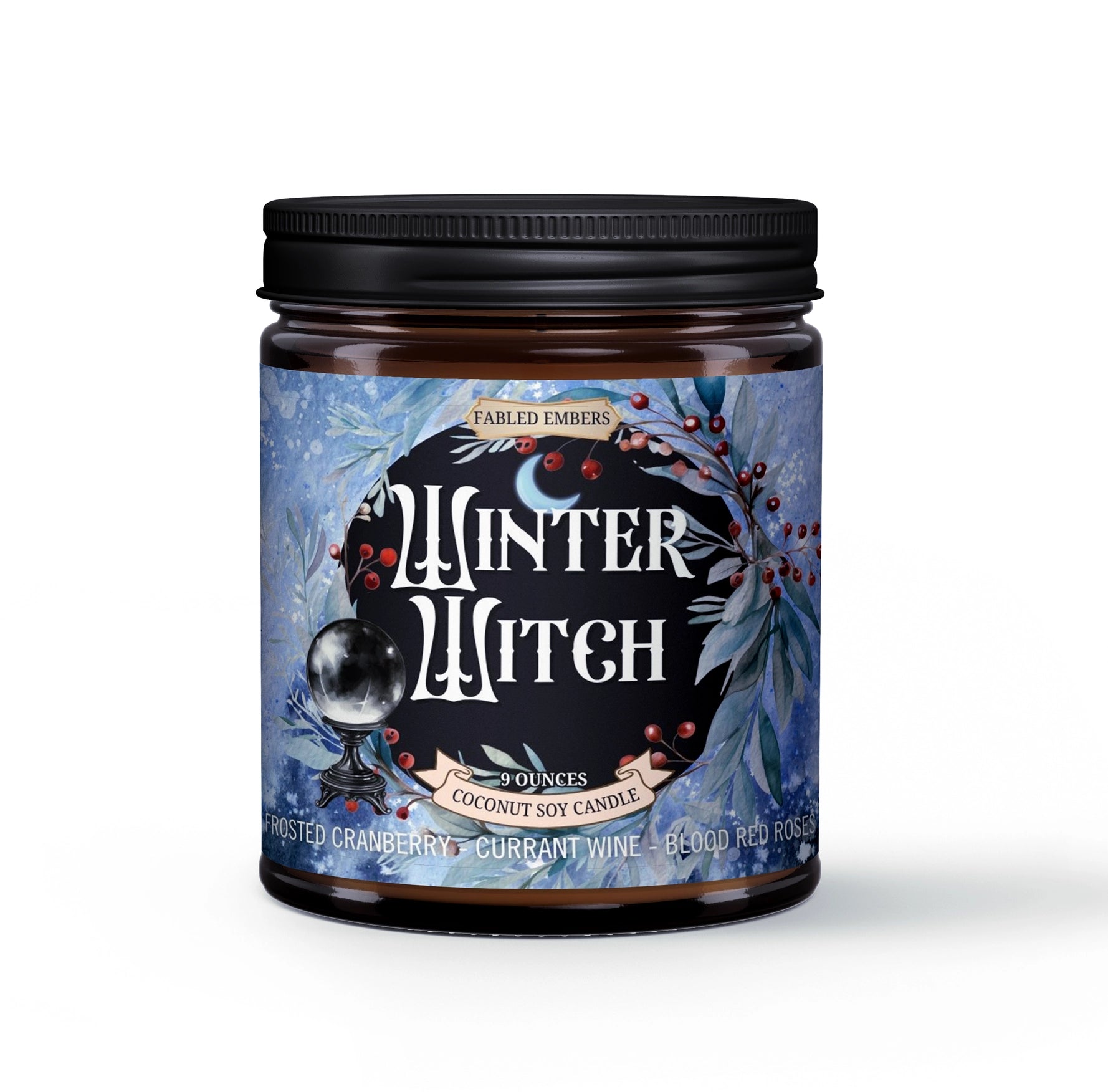 Candle jar labeled 'Winter Witch' with decorative label on a white background