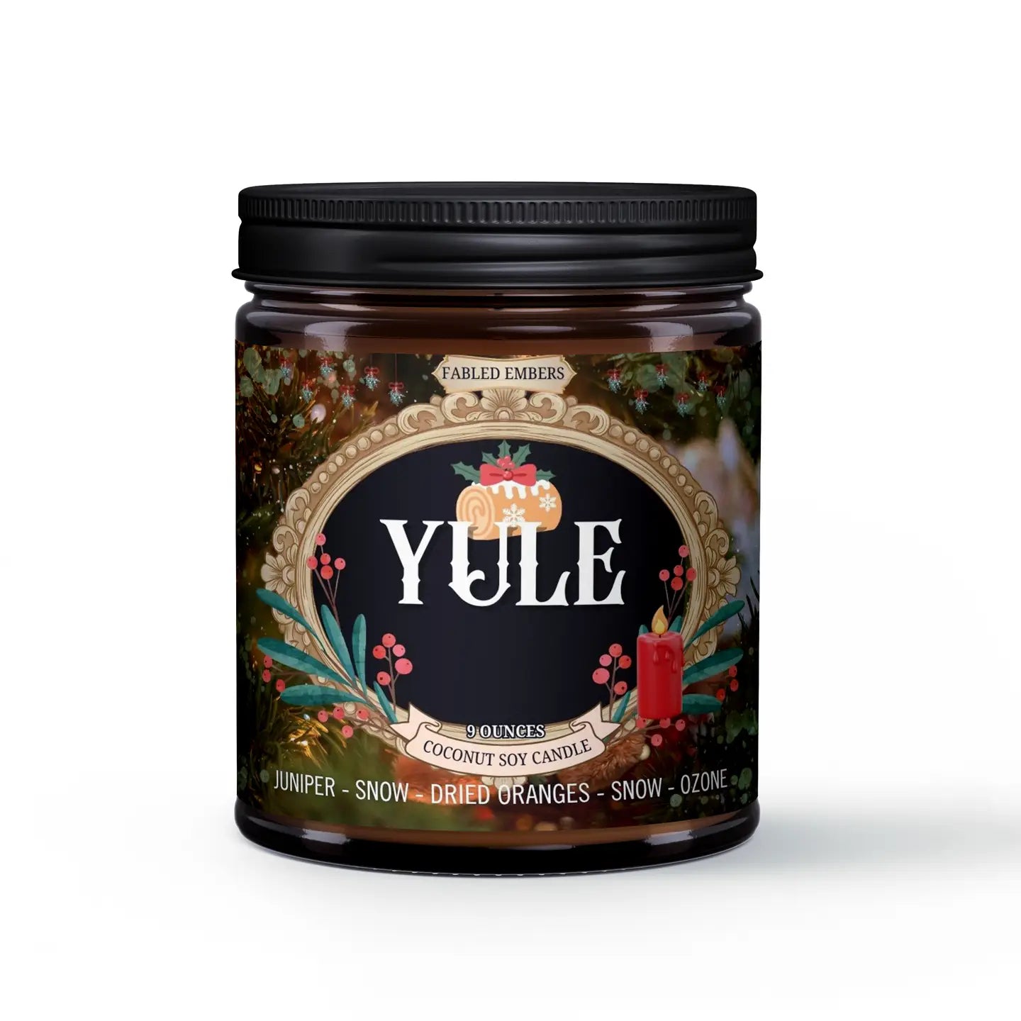 Yule candle jar with decorative label on a white background